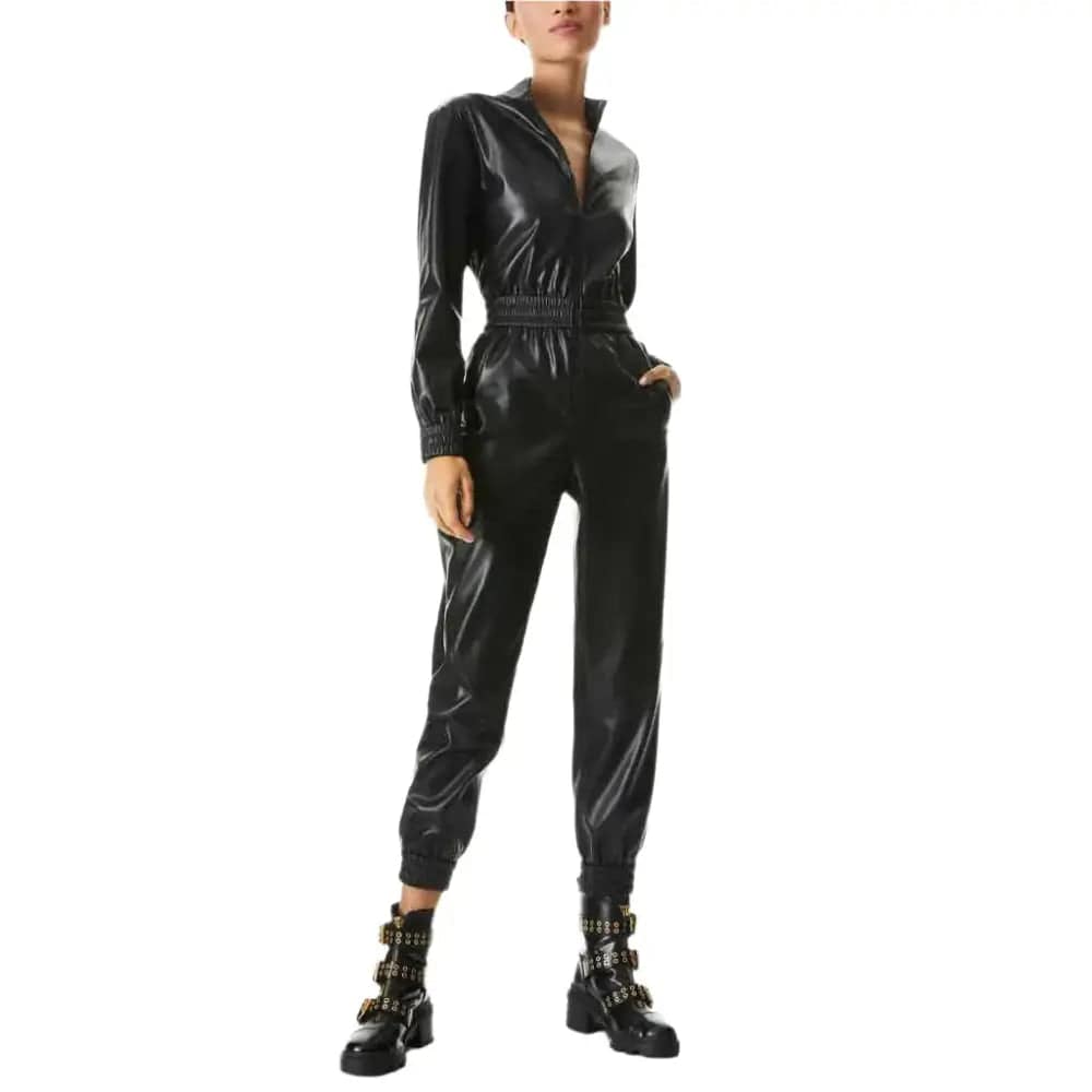 Women’s Vintage Black Smocked Waist Leather Jumpsuit