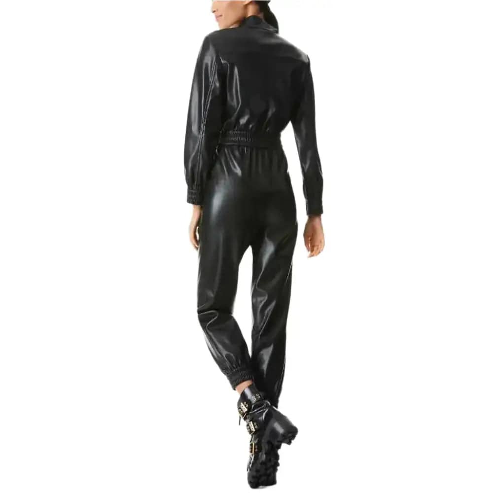 Women’s Vintage Black Smocked Waist Leather Jumpsuit - Image 2
