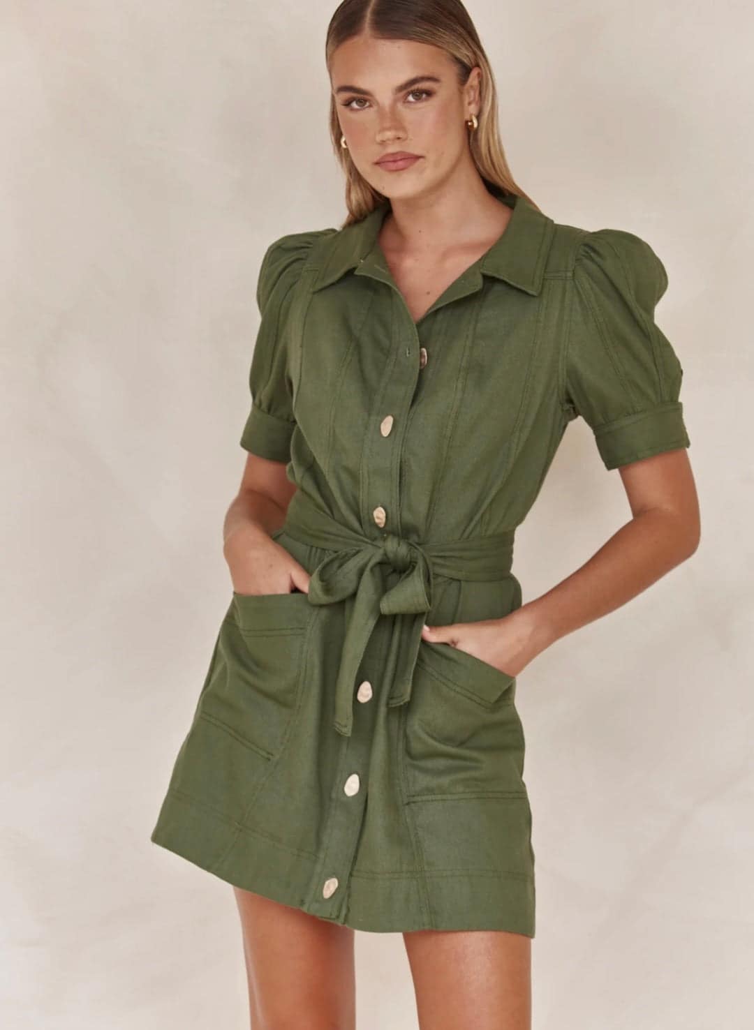 Shirt Style Linen Dress with Tie-Ups - Image 4