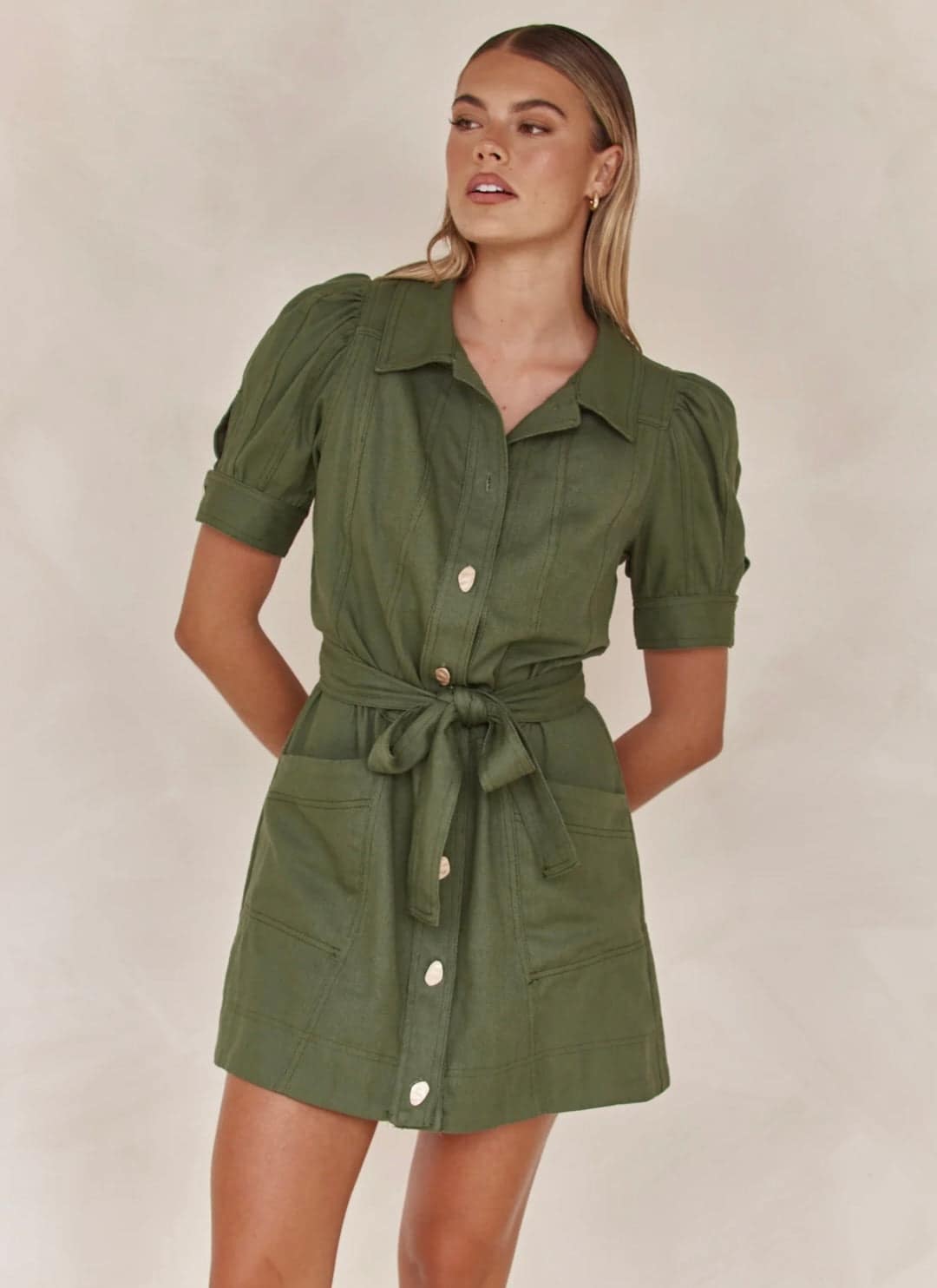 Shirt Style Linen Dress with Tie-Ups - Image 3
