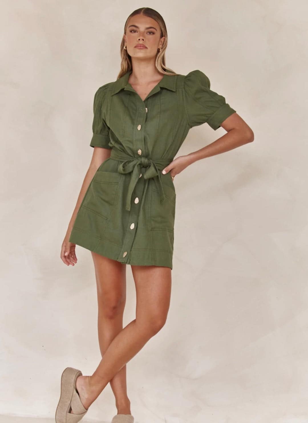 Shirt Style Linen Dress with Tie-Ups - Image 5