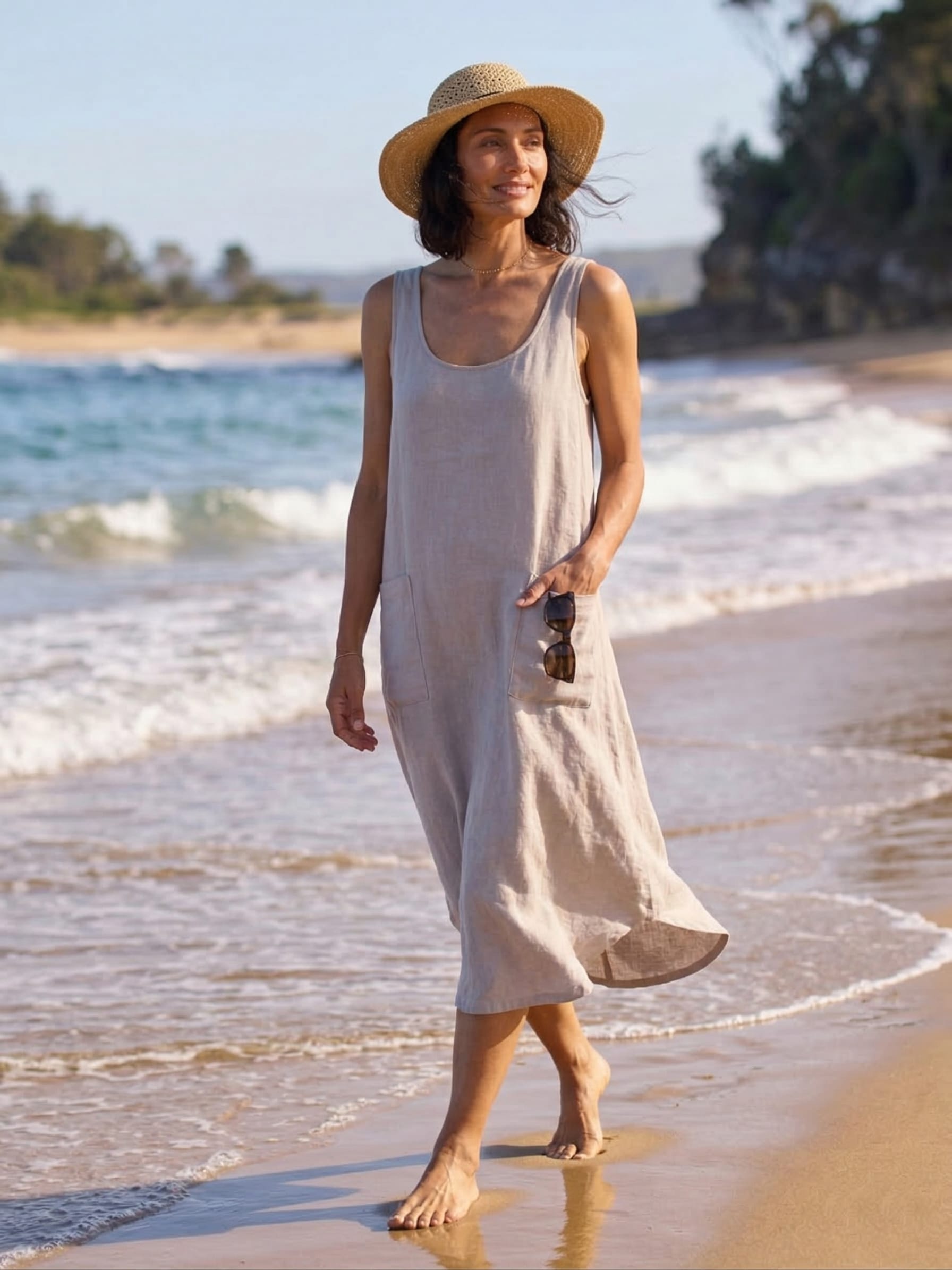 Lavender Linen Midi Dress with Pockets