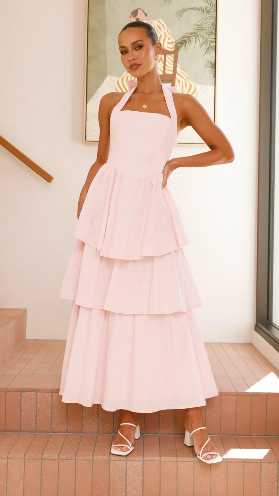 Pink Crepe Tiered Maxi Dress with Halter Neck & Tie-Up Bow - Image 2