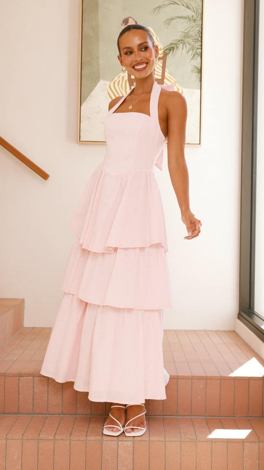 Pink Crepe Tiered Maxi Dress with Halter Neck & Tie-Up Bow - Image 4