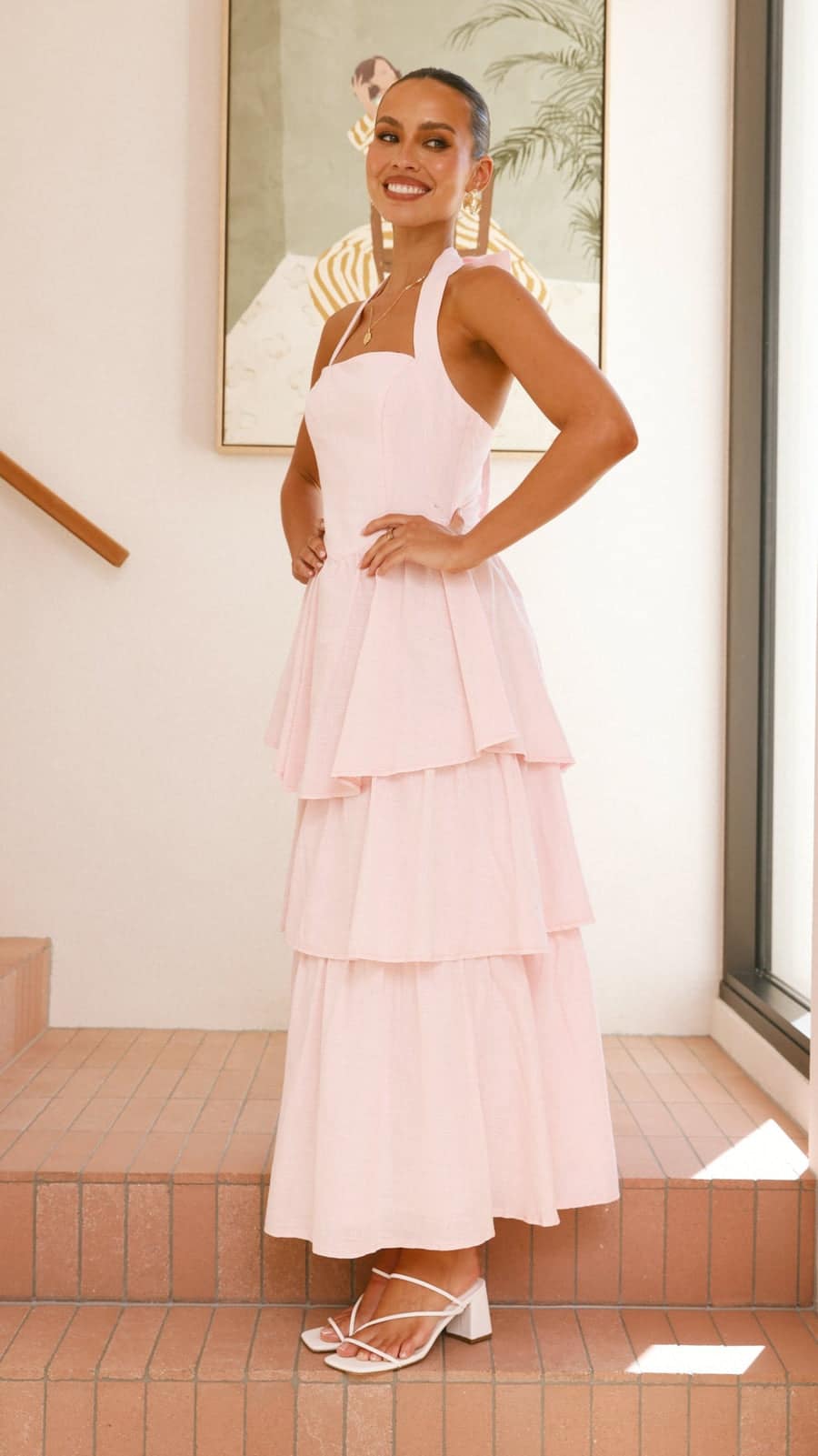 Pink Crepe Tiered Maxi Dress with Halter Neck & Tie-Up Bow - Image 3